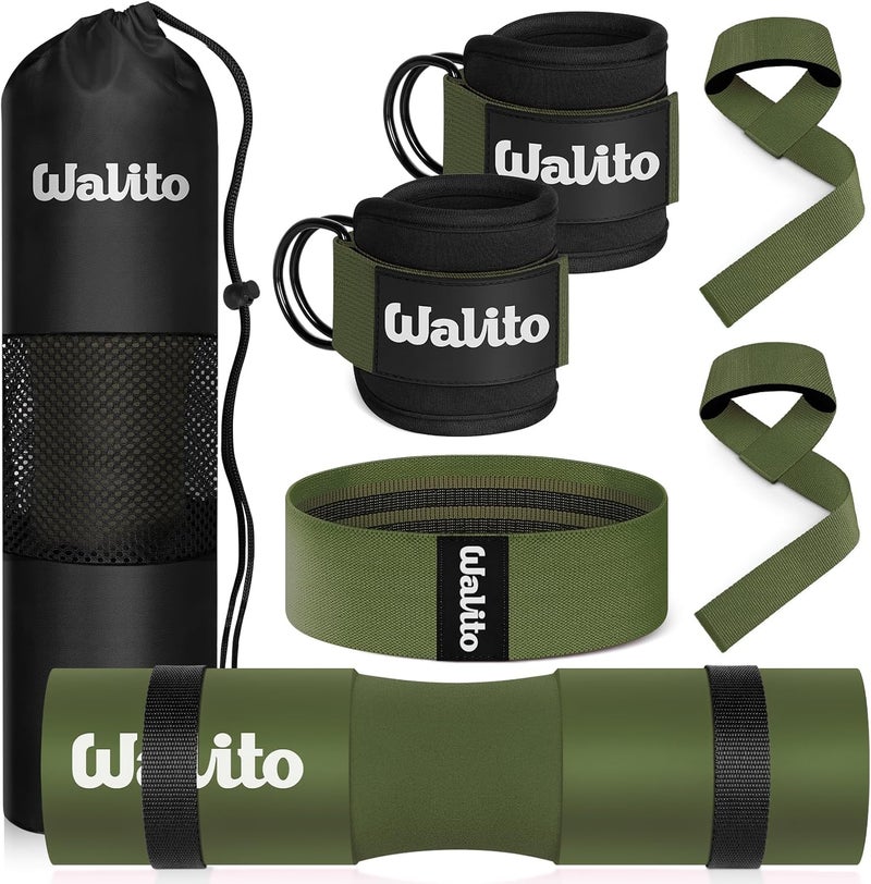 WALITO 7Pcs Barbell Pad Set for Hip Thrust - Squat Pad,Gym Accessories for Women with Bar Bad,Bench Press, with Gym Ankle Straps,Resistance Bands for Working Out,Lifting Strap,Carry Bag - Image 1